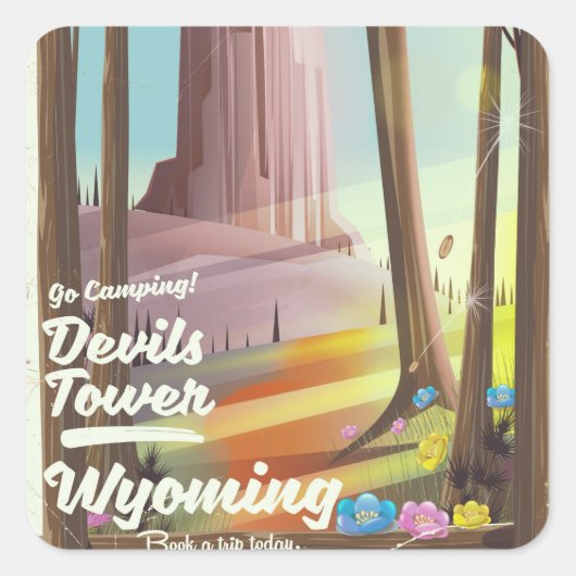 Devils Tower, Wyoming vintage campingprint. Vierkante Sticker (Voorkant)