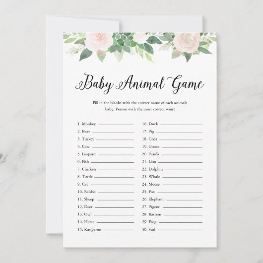 DEVON Baby Animal Greenery Baby shower Game Kaart (Voorkant)