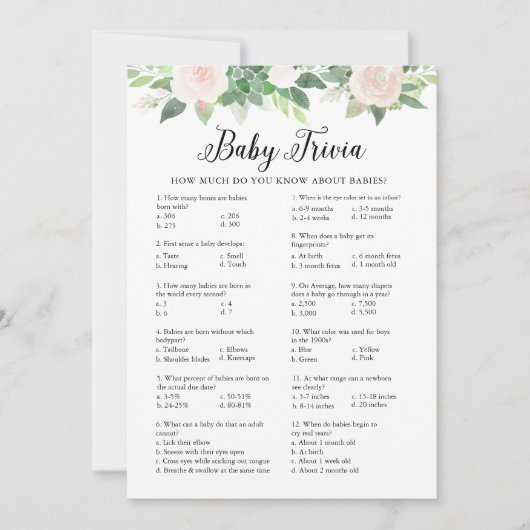 DEVON Baby Trivia Greenery Baby shower Game Kaart (Voorkant)