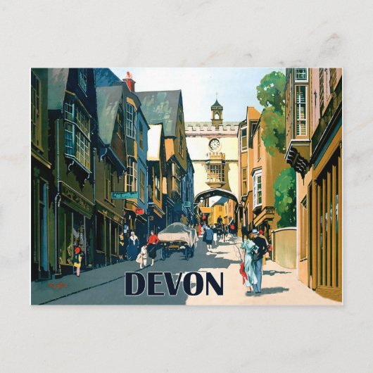 Devon, huizen in het stadscentrum, vintage-reizen briefkaart (Voorkant)