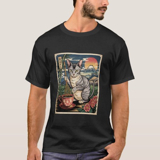 Devon Rex Cat Making Tea Mt Fuji Japanese Ukiyo Wo T-shirt (Voorkant)