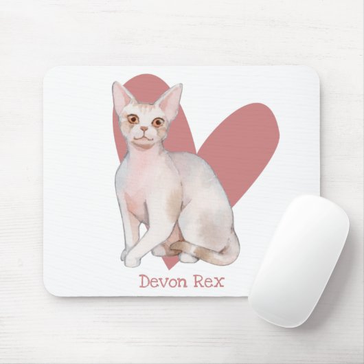 Devon Rex Cat Waterverf Kat Roze hart Muismat (Met muis)