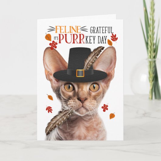 Devon Rex Kat Feline Dankbaar voor PURRkey Dag Feestdagen Kaart (Voorkant)