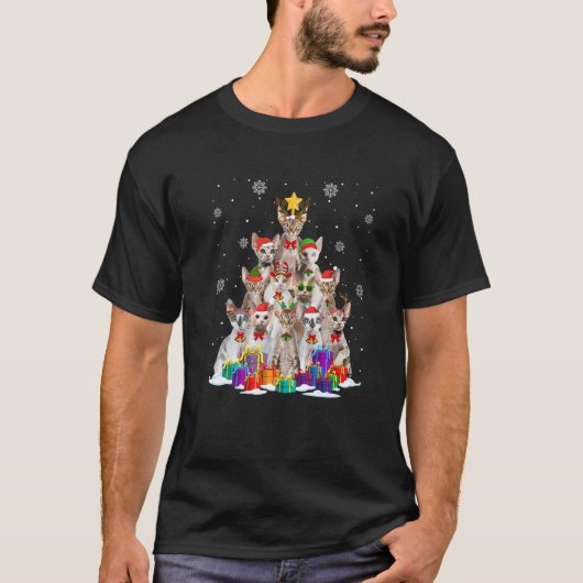 Devon Rex Kat Kerstboom Kat Kerstman Santa Hoed T-shirt (Voorkant)
