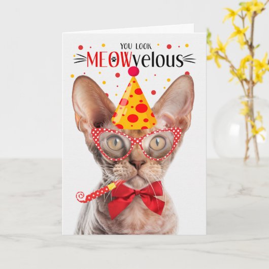 Devon Rex Kat MEOWvelous Verjaardag Kaart (Gele Bloem)
