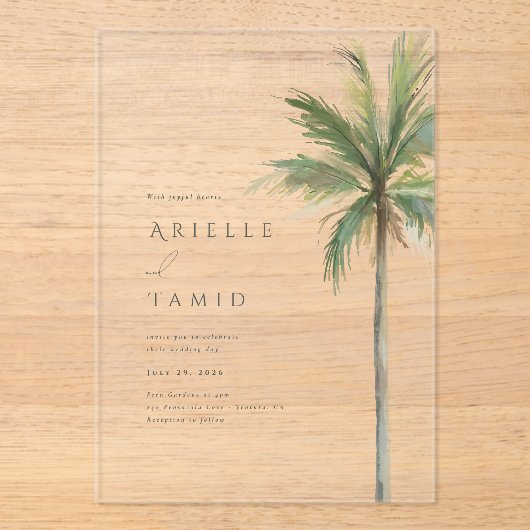 Devonport Modern Waterverf Palm Tree Wedding Acryl Uitnodigingen (Voorkant)