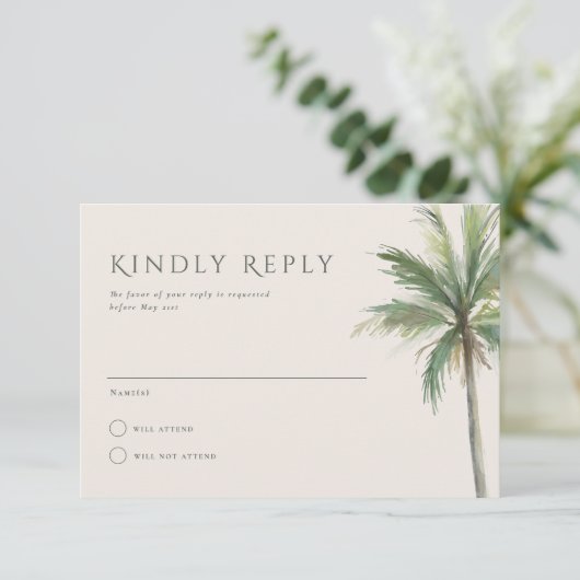 Devonport Modern Waterverf Palm Wedding RSVP Kaart (Staand voorkant)