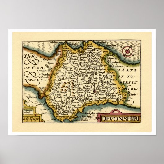 Devonshire Devon County Map, Engeland Poster (Voorkant)