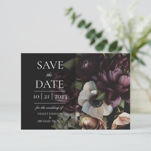 Devote Dark Floral Save the Date Kaart (Staand voorkant)
