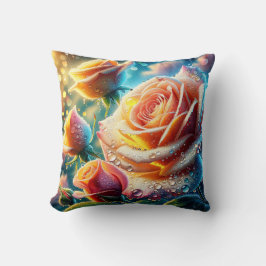 "Dew-Kissed Pink, Sinaasappel en Yellow Roses" Kussen