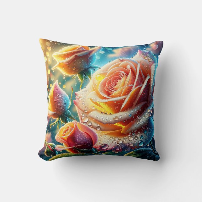 "Dew-Kissed Pink, Sinaasappel en Yellow Roses" Kussen (Voorkant)