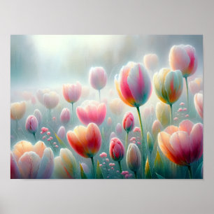 Dew-kissed tulpen in zacht ochtendlicht poster