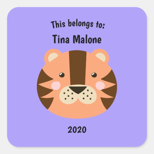 Deze behoort tot Back to School Tiger Face Paarse Vierkante Sticker (Voorkant)