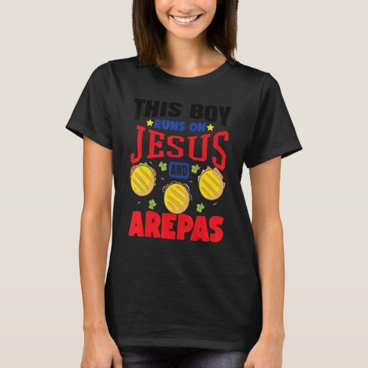 Deze jongen loopt op Jezus en Arepas Kinder Colomb T-shirt (Voorkant)