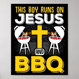Deze jongen rent op Jezus en BBQ Smoker Grill Poster