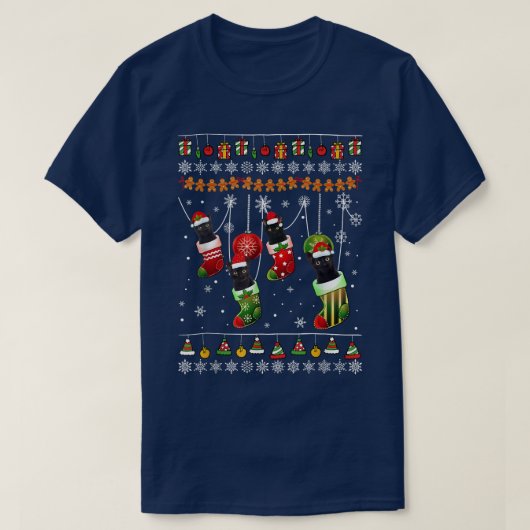 Deze kerstpajama zwarte kat in Socks Funny Hol T-shirt (Design voorkant)