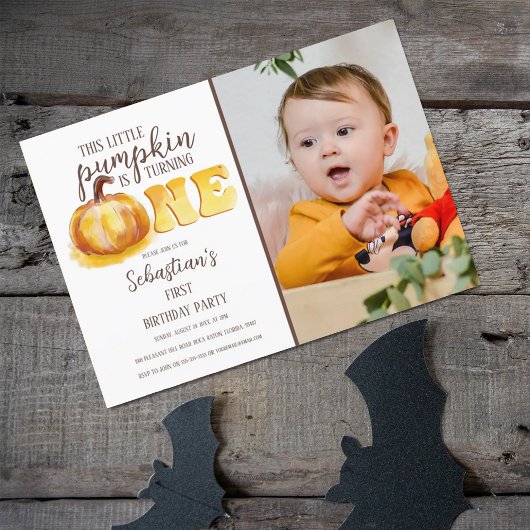 Deze kleine pompoen foto 1st Birthday Party nodigt Kaart
