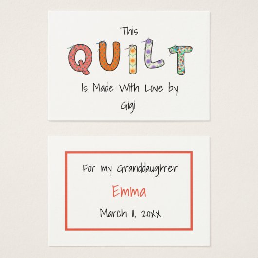 Deze quilt gemaakt door cadeaubehuizing visitekaartje (Voorkant /achterkant)