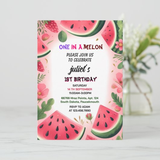 Deze roze zomer een in een meloen eerste 1e verjaa kaart (Staand voorkant)