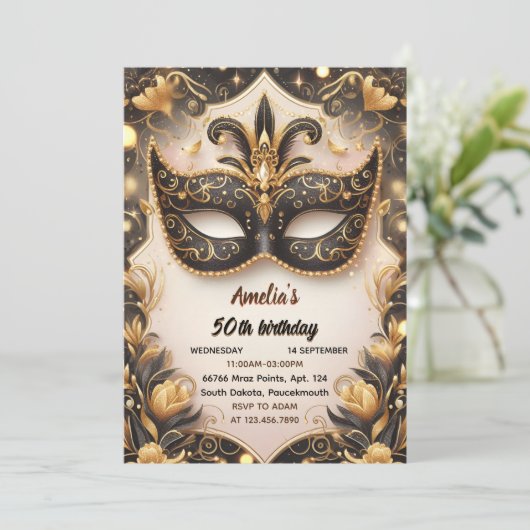 Deze Tutu Zwart Goud Chique Masquerade 50e Verjaar Kaart (Staand voorkant)