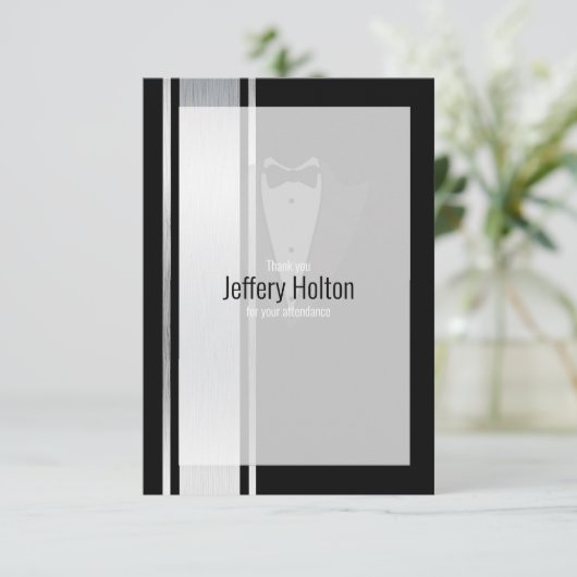 Deze zwarte en witte vlek-bachelorpartij bedankkaart (Staand voorkant)