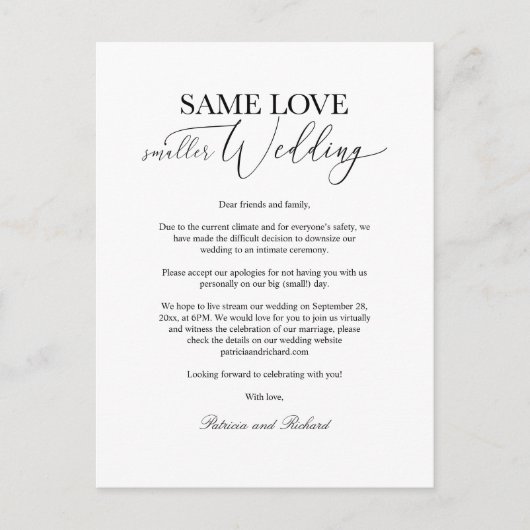 Dezelfde Liefde Downsize Huwelijk Eenvoudig Elegan Briefkaart (Voorkant)