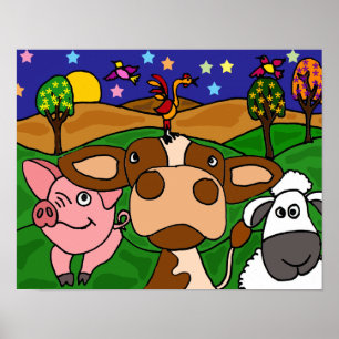 DH- Funny Folk Art Barnyard Animals Poster