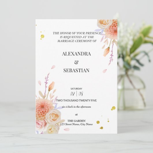 Dhalia & Rozen Huwelijksuitnodiging Kaart (Staand voorkant)