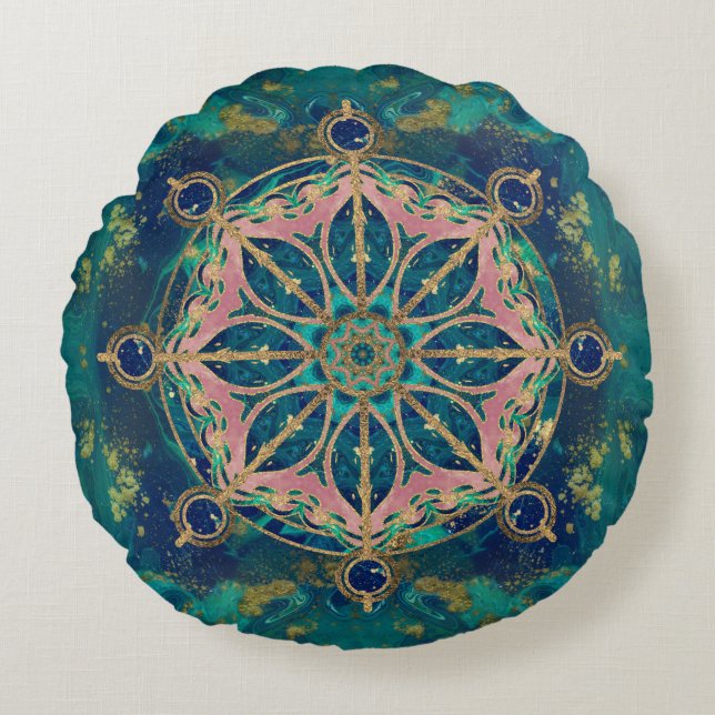 Dharma Wheel - Dharmachakra Gemstone & Gold Rond Kussen (Voorkant)