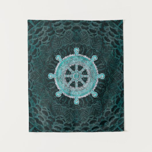 Dharma Wheel - Dharmachakra Silver en turquoise Wandkleed (Voorkant)