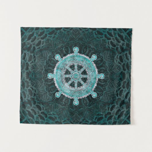 Dharma Wheel - Dharmachakra Silver en turquoise Wandkleed (Voorkant (horizontaal))