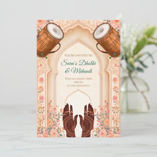 Dholki invites Mehndi invitations, Mehendi cards Kaart (Staand voorkant)