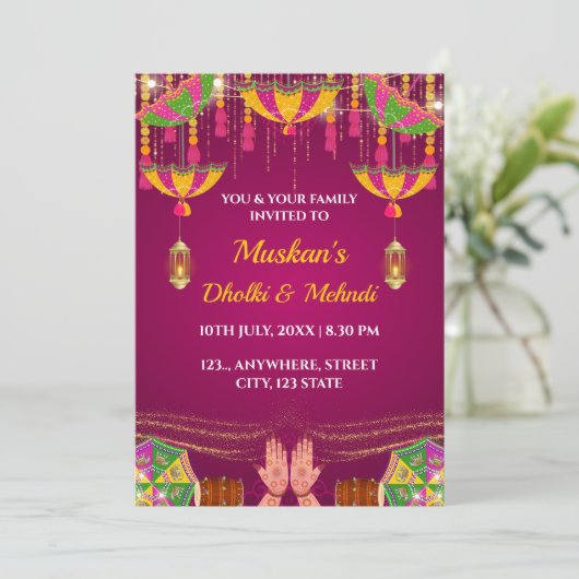 Dholki & Mehndi Avond Uitnodigingskaart Kaart (Staand voorkant)