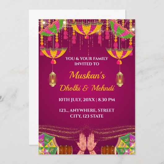 Dholki & Mehndi Avond Uitnodigingskaart Kaart (Voorkant / Achterkant)