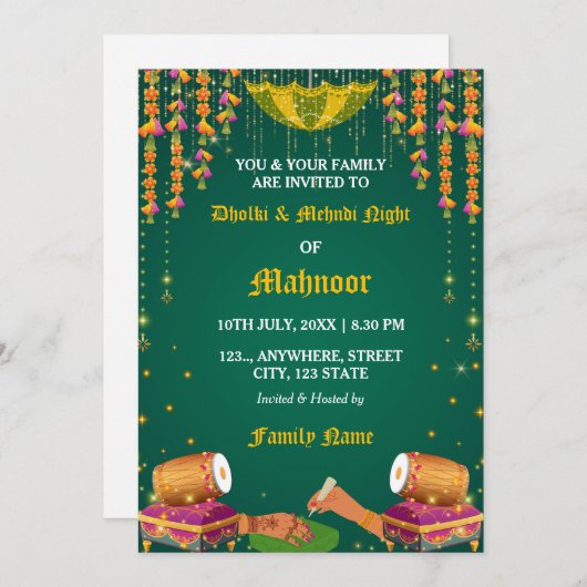 Dholki & Mehndi Night Invitation kaart (Voorkant / Achterkant)