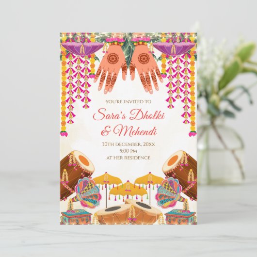 Dholki uitnodigingen Digitale Mehndi uitnodiging, (Staand voorkant)