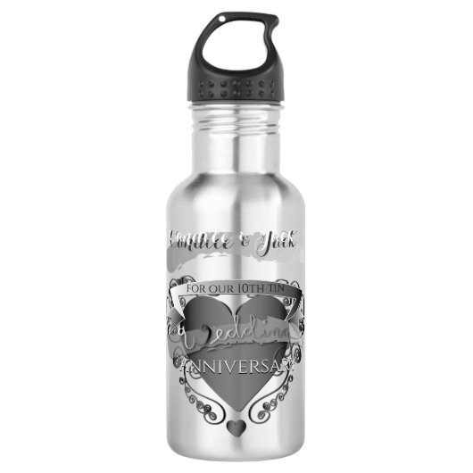 Dhr."10th Tin Wedding Jubileum" 3DHeart Embleem Waterfles (Voorkant)