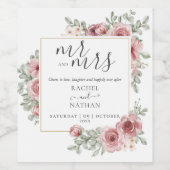 Dhr. en mevrouw bloemige roze proost trouwfeest wijn etiket (Enkel label)