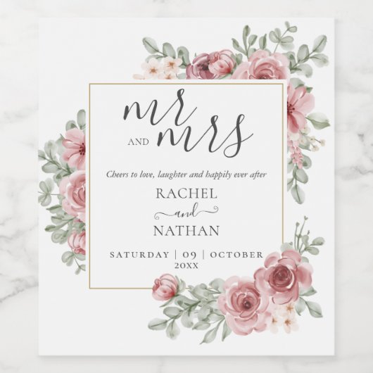 Dhr. en mevrouw bloemige roze proost trouwfeest wijn etiket (Enkel label)