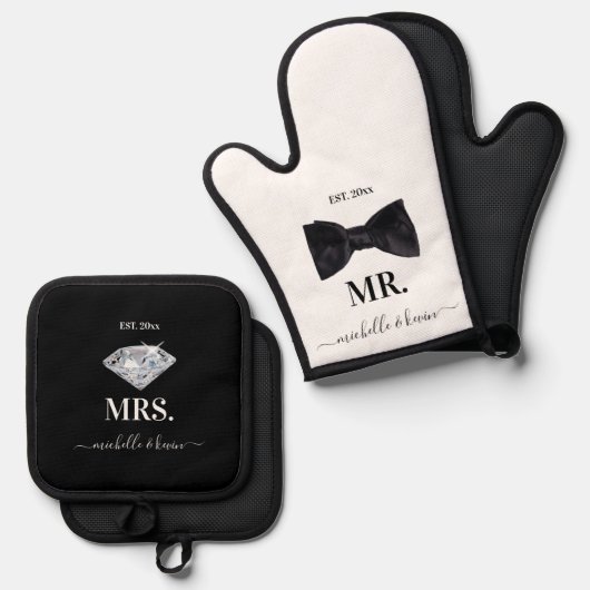 Dhr. & Mevrouw Bruiloft Zwart & Wit Ovenwant & Pannenlap Set (Voorkant / Achterkant)