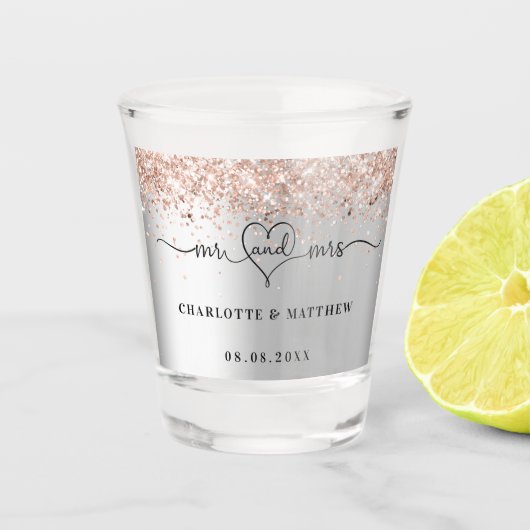 Dhr mevrouw pasgehuwden zilveren rozen gouden brui shot glas (Voorkant)