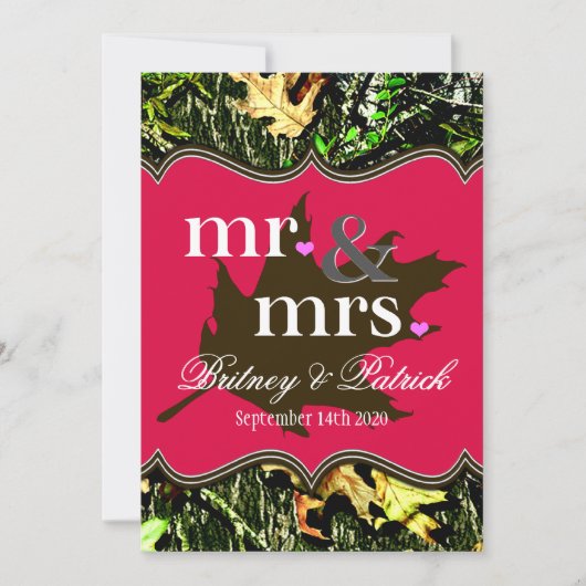 Dhr. & Mrs. Hunting Camo Hot Pink Wedding Invitati Kaart (Voorkant)