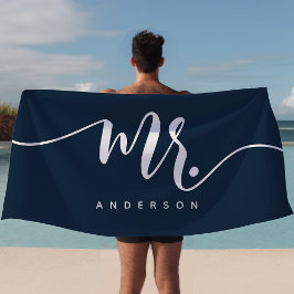 Dhr Navy Blauw En Wit Nieuwgetrouwd Bruidegom Pers Strandlaken