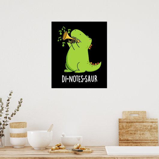 Di-notes-saur Funny Dinosaur Pun Dark BG Poster (Keuken)