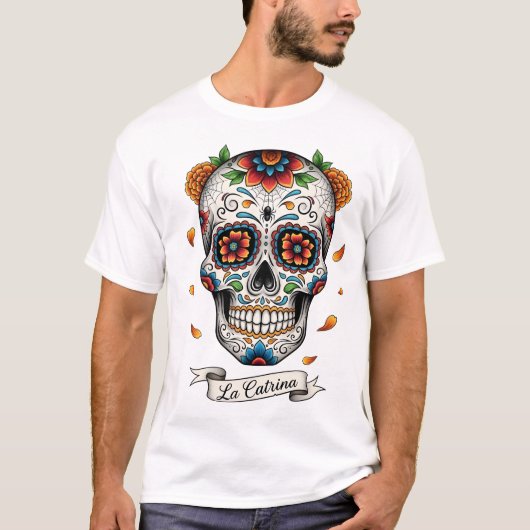 Dia de los muertes skull. Mexican Day of the Dead T-shirt (Voorkant)