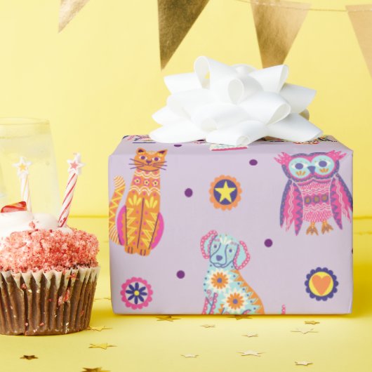 Dia de los Muertos Animals Paarse inpakpapier (Verjaardagsfeest)