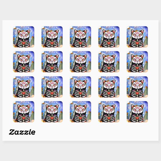 Dia De Los Muertos Black Cat Vierkante Sticker (Vel)