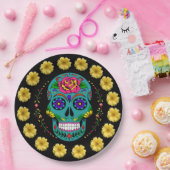 Dia de los Muertos Blauwgroen Sugar Skull & Daisie Papieren Bordje (Feest)