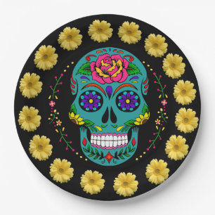 Dia de los Muertos Blauwgroen Sugar Skull & Daisie Papieren Bordje