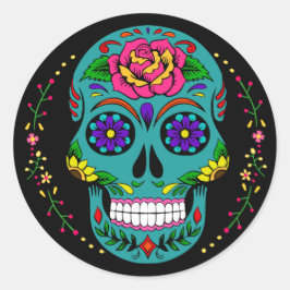 Día de los Muertos Blauwgroen Suikerschedel Hallow Ronde Sticker